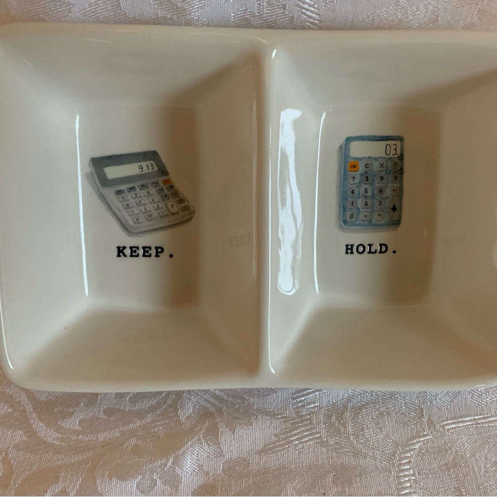 Rare Rae Dunn Office Catchall Painted Divided Dish Bowl Calculators Keep Hold